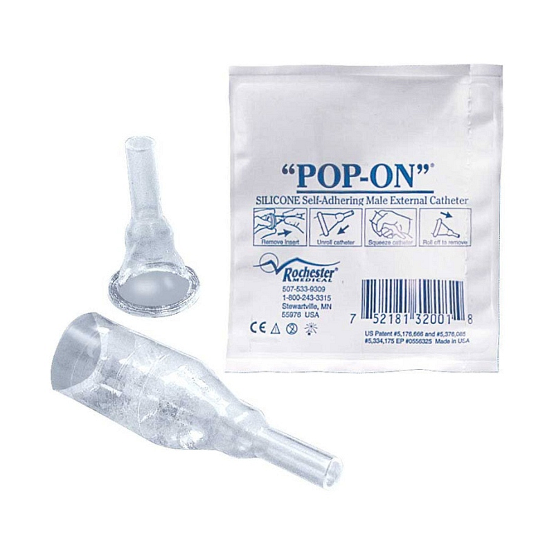 The Pop-On self-adhering male external catheter has a shorter sheath with the same adhesive area as a normal length catheter.  The 1.5" sheath works especially well with a short or retracted penis.  The non-sensitizing adhesive provides a reliable bond to the skin for extra confidence and maximum wear time.  All-silicone material is 100% latex-free